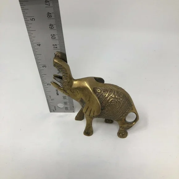 Vintage Small Solid Brass Elephant Raised Trunk Embossed Ornate MCM Figurine - Picture 10 of 11